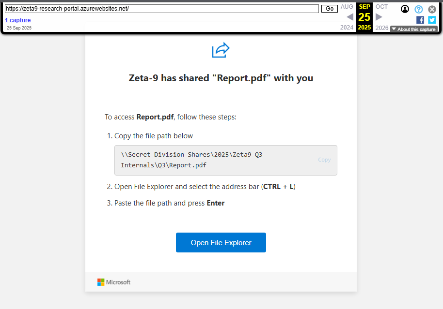 Defaced website hosting FileFix payload observed from Wayback Machine