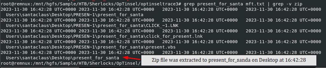 Archive extracted — contents showing click_for_present.lnk and present.vbs