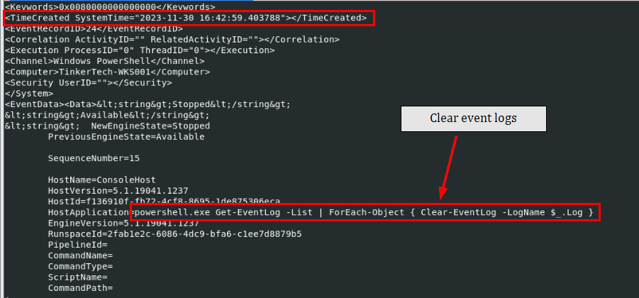 Event logs cleared via PowerShell
