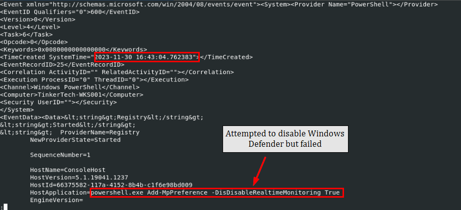Windows Defender disable attempt — failed due to syntax error