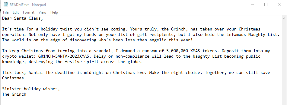 Ransom note — GR1NCH-5ANTA-2023XMAS wallet, 5,000,000 XMAS tokens demand