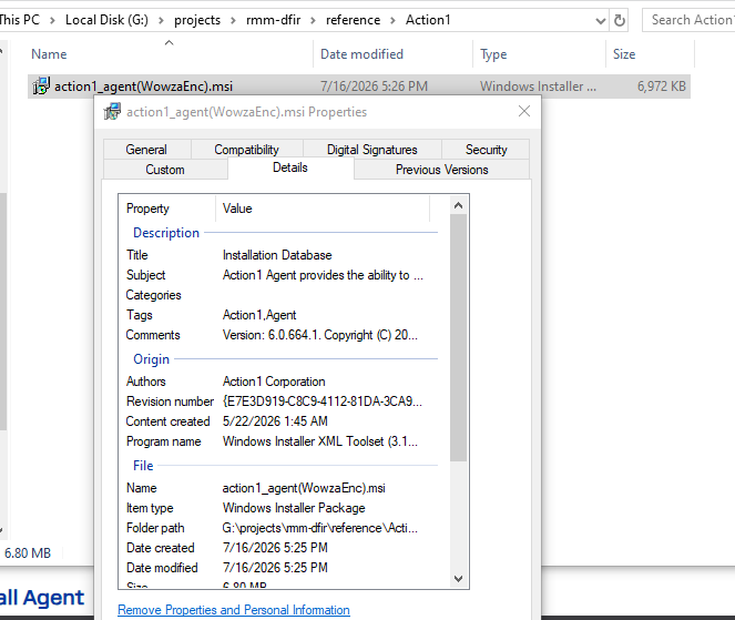 Action1 Agent MSI file properties