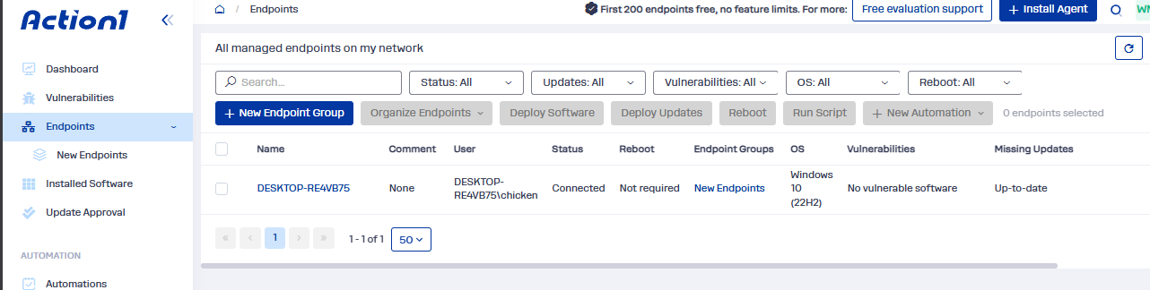 Endpoint appears on the Action1 console