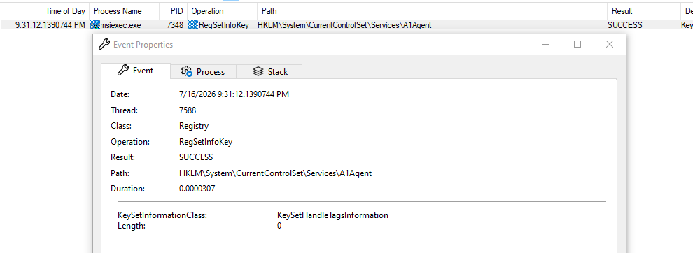 A1Agent service registered by the MSI