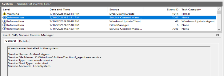 System Event ID 7045 service install