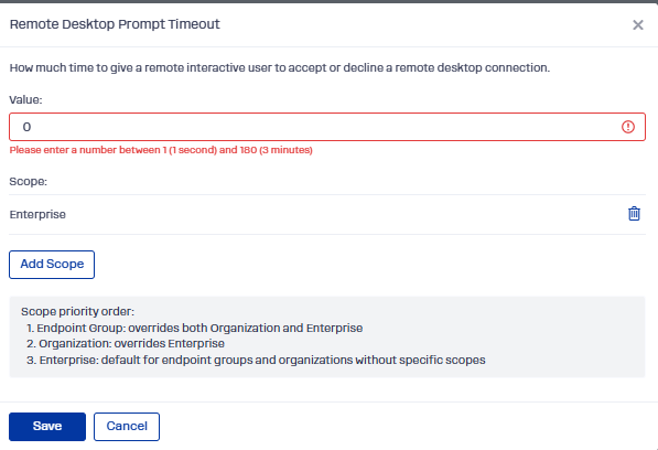 Consent prompt set to 1 second