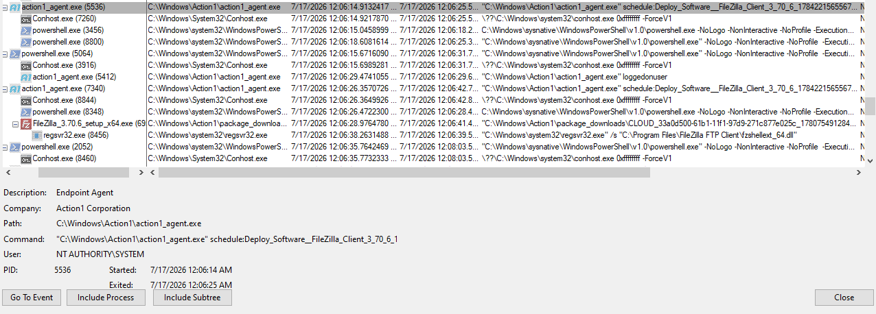 FileZilla installer running as a child of action1_agent.exe
