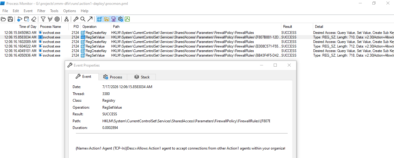 Procmon FirewallAPI.dll load and MpsSvc registry write