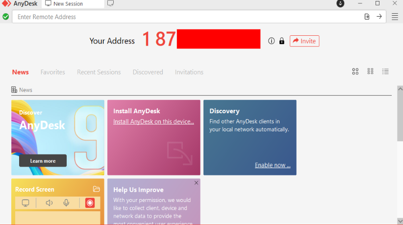 AnyDesk GUI showing unique device ID