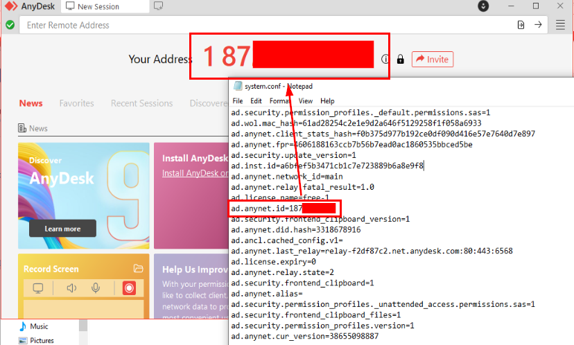 system.conf showing AnyDesk ID and relay address