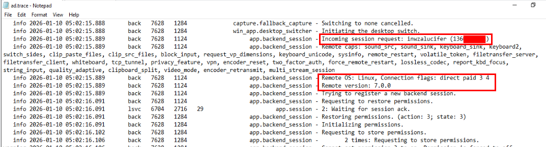 ad.trace showing profile name and AnyDesk ID of connecting device