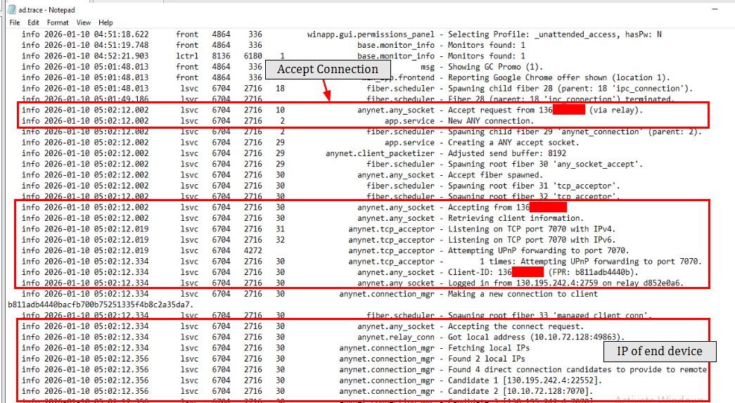 ad.trace additional connection details