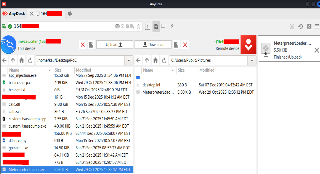 Uploading a file via AnyDesk File Manager