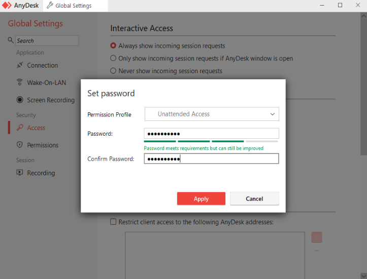 Configuring AnyDesk unattended access via GUI