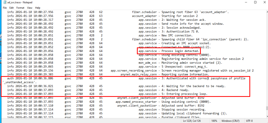 ad_svc.trace during unattended access session