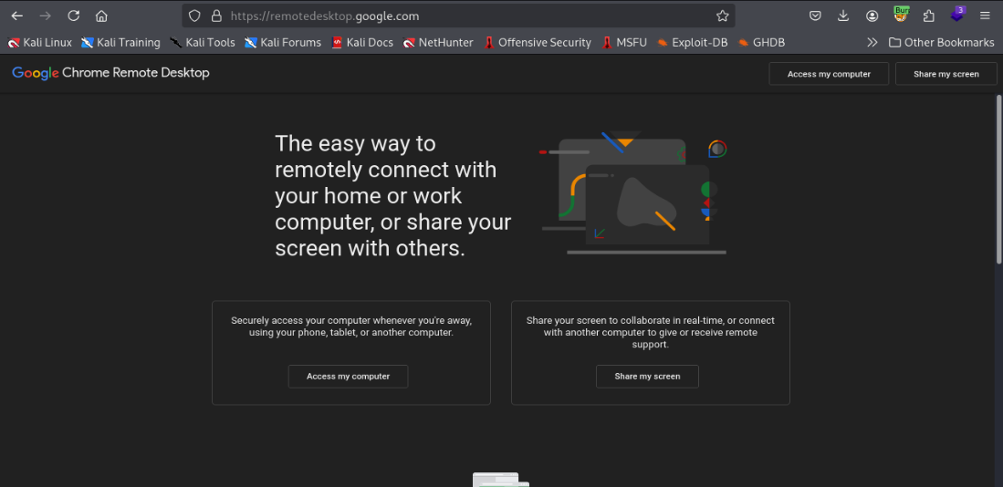 remotedesktop.google.com showing Access my computer and Share my screen buttons