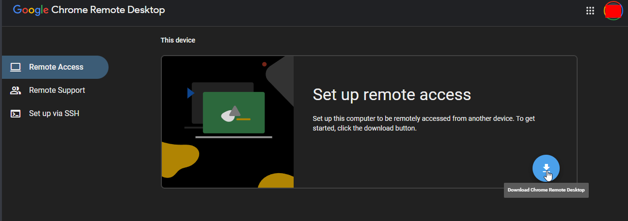 Remote Access page with download button leading to Chrome Web Store extension
