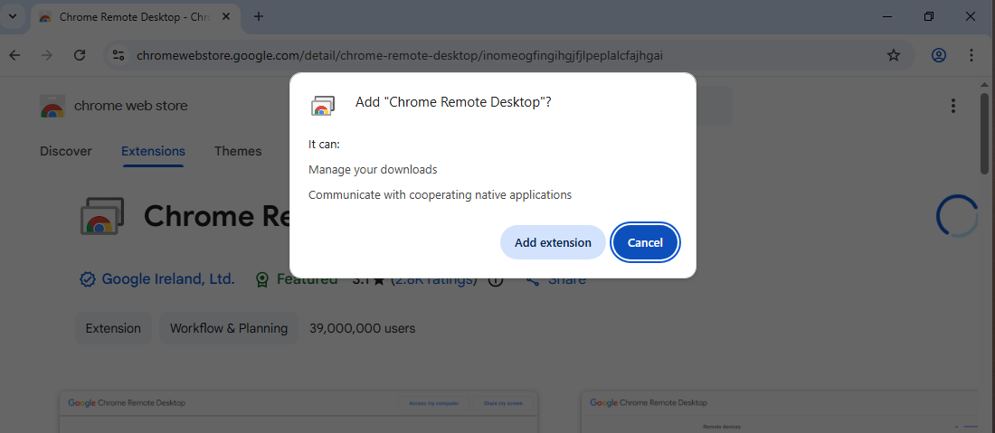 CRD extension requesting permission to communicate with native applications