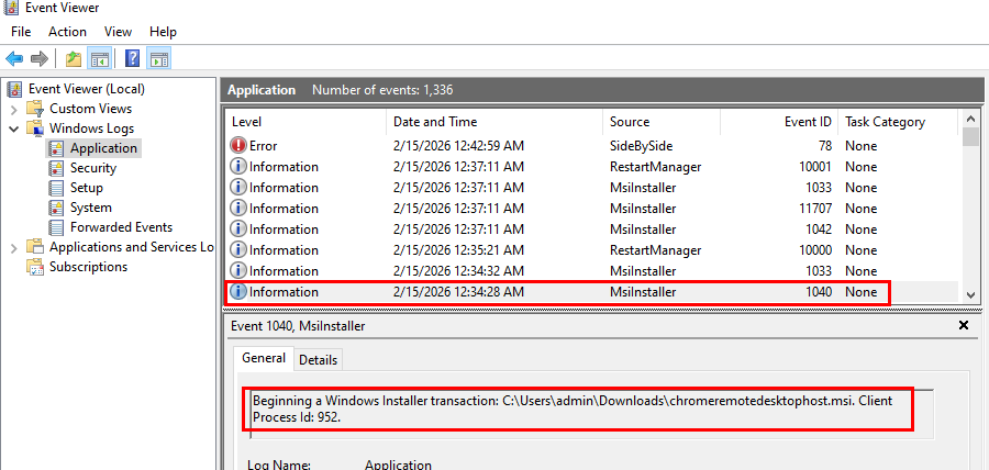 Event ID 1040 from MsiInstaller showing CRD MSI location and installation start