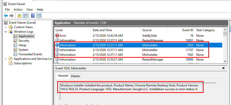 Event ID 1042 11707 1033 showing installation completion