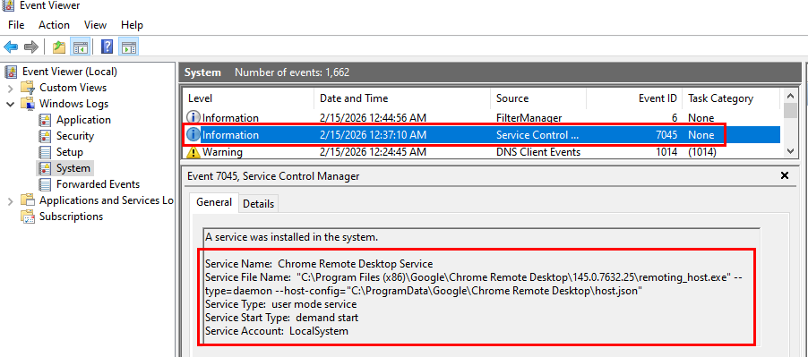 Event ID 7045 for Chrome Remote Desktop Service in System event log