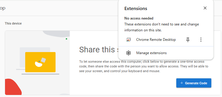 Once installed, Generate Access Code will be displayed