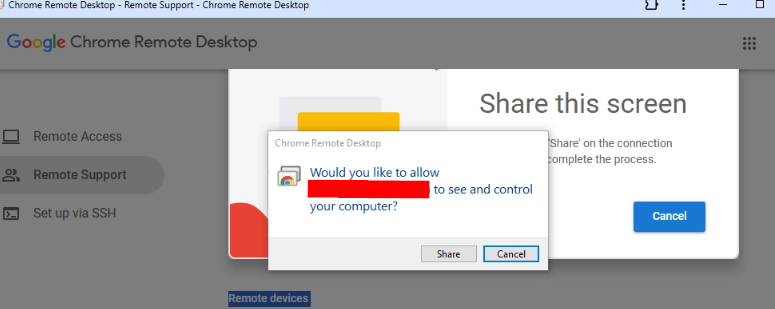 Connection request sent to target device with cancel or Share options