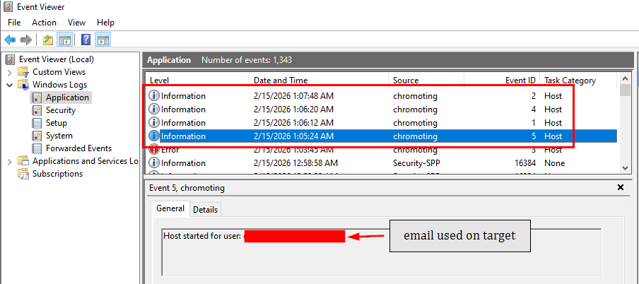 Event ID 5 from chromoting source showing email of user who generated access code