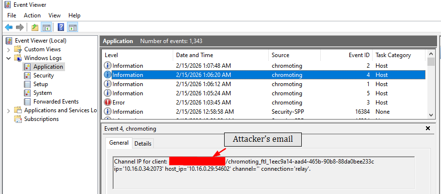 Event ID 4 from chromoting showing Gmail of remote user