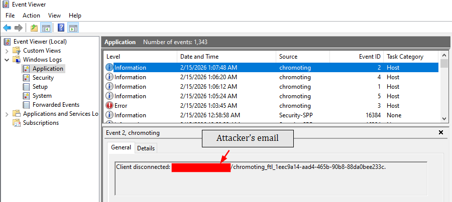 Event ID 2 from chromoting showing session termination with unique ID and remote email