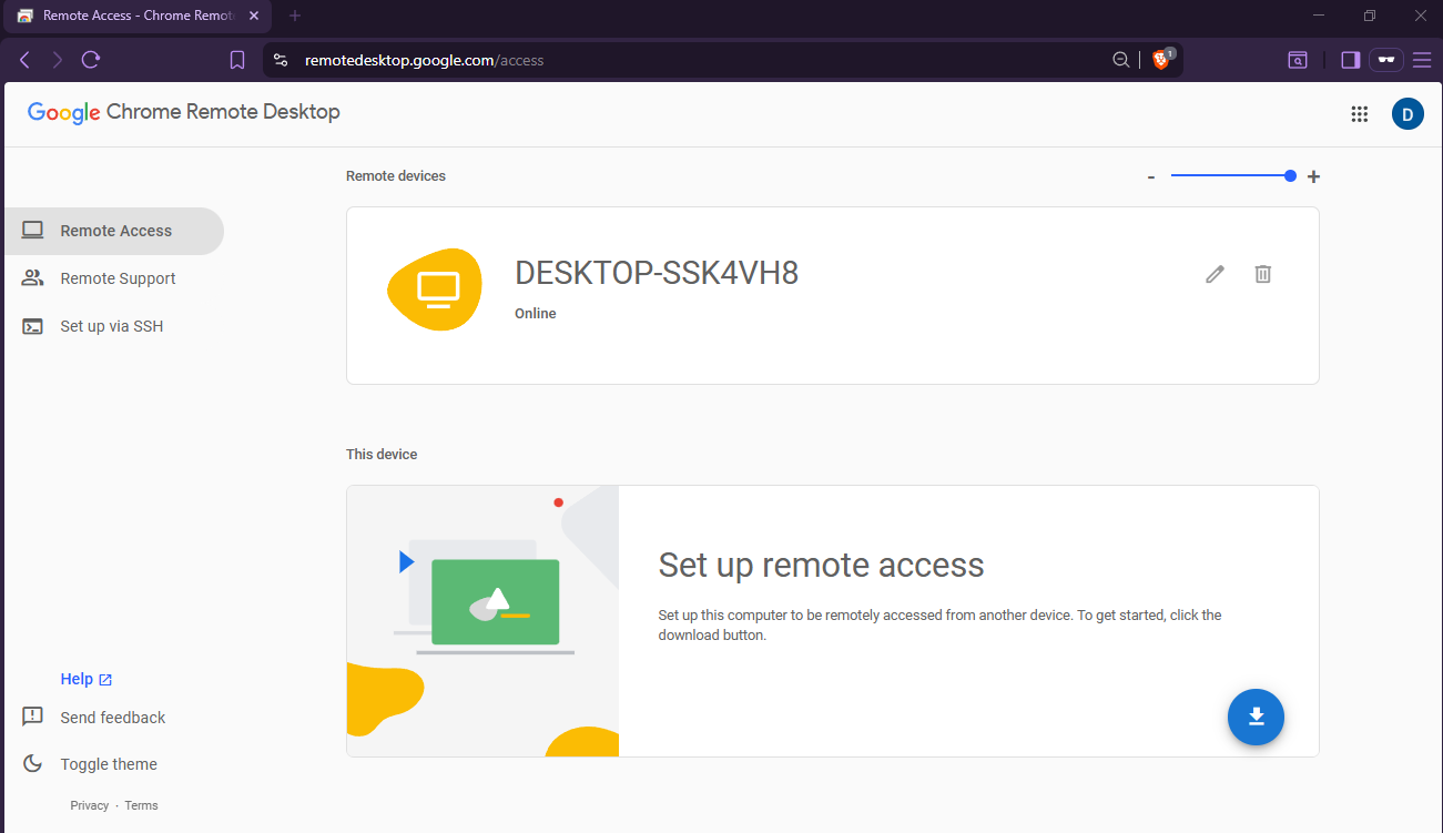 Remote Access section of CRD page requiring PIN setup