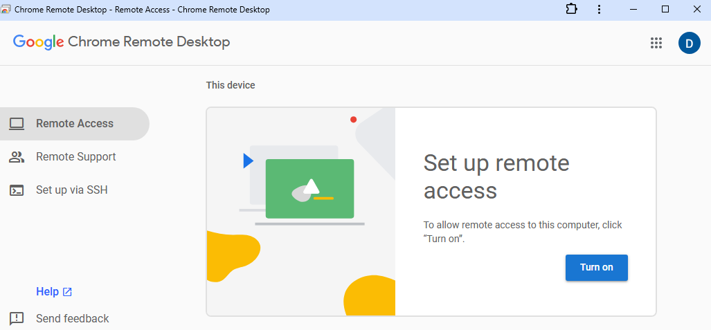 Remote Access page showing Turn on button after extension and MSI installed