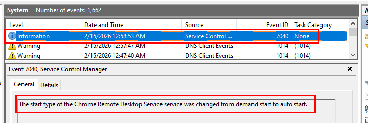 CRD service start type changes from manual to auto after PIN setup, Event ID 7040