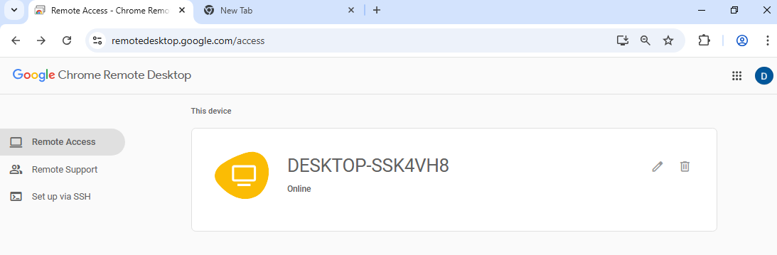 CRD page showing new remote device as Online and ready for access