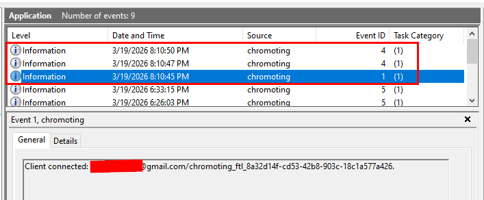 Application event log for Remote Access is identical to Remote Support but no Event ID 5