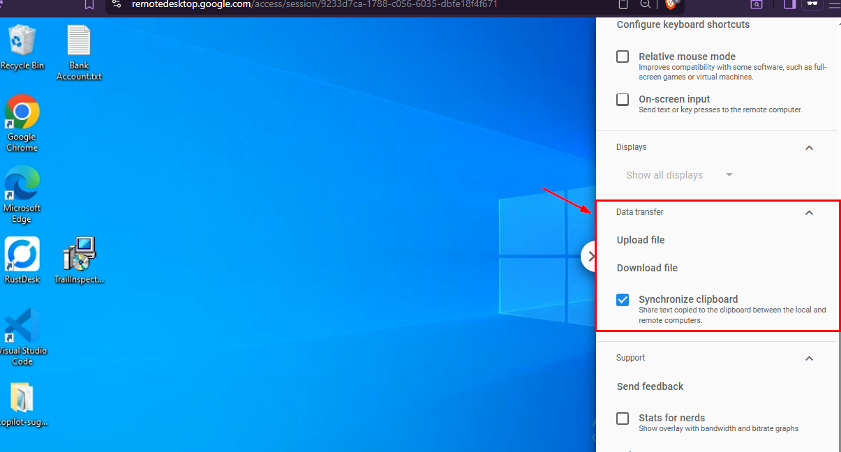 File transfer options available in Remote Access toolbar