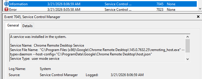 Event ID 7045 in System log from CLI service installation