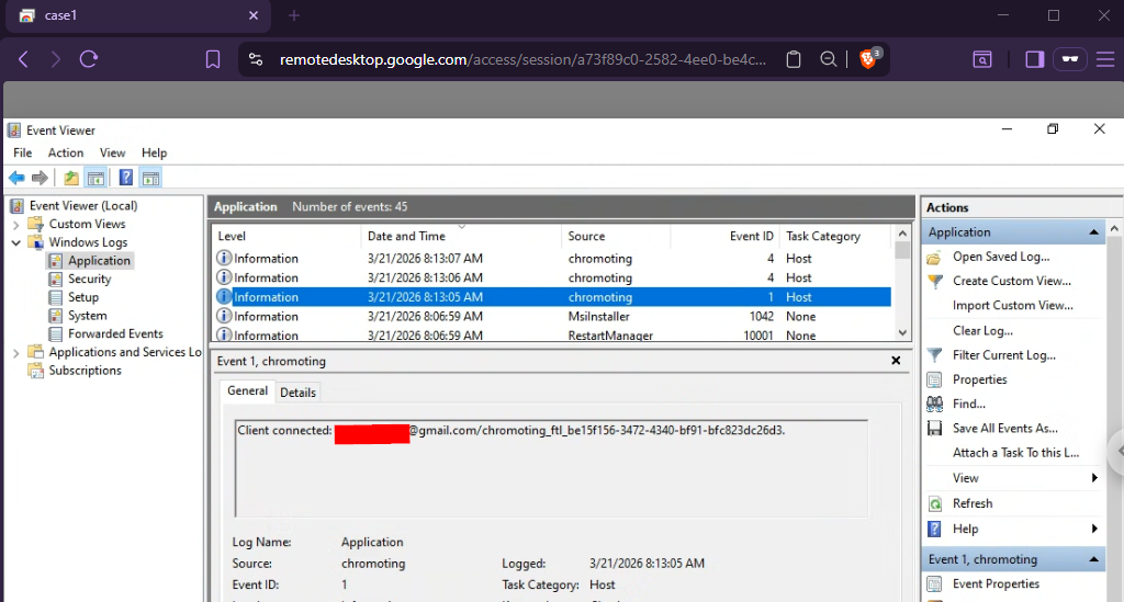 Application event log for remote connections is the same as GUI setup