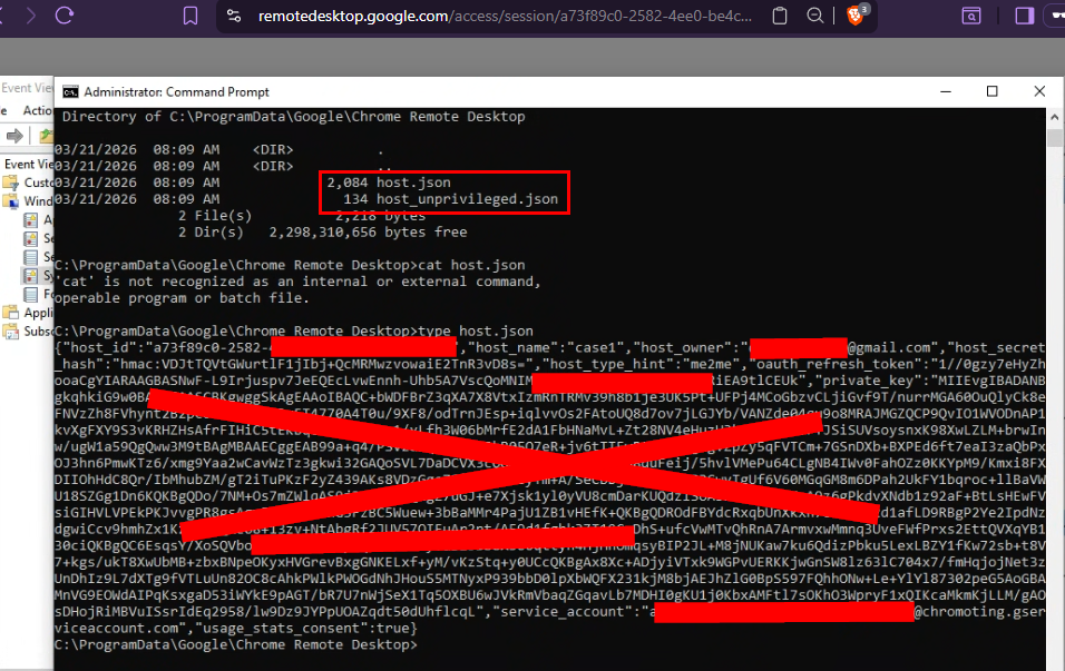 host.json in ProgramData Google Chrome Remote Desktop containing host_id, name, and authorized Gmail