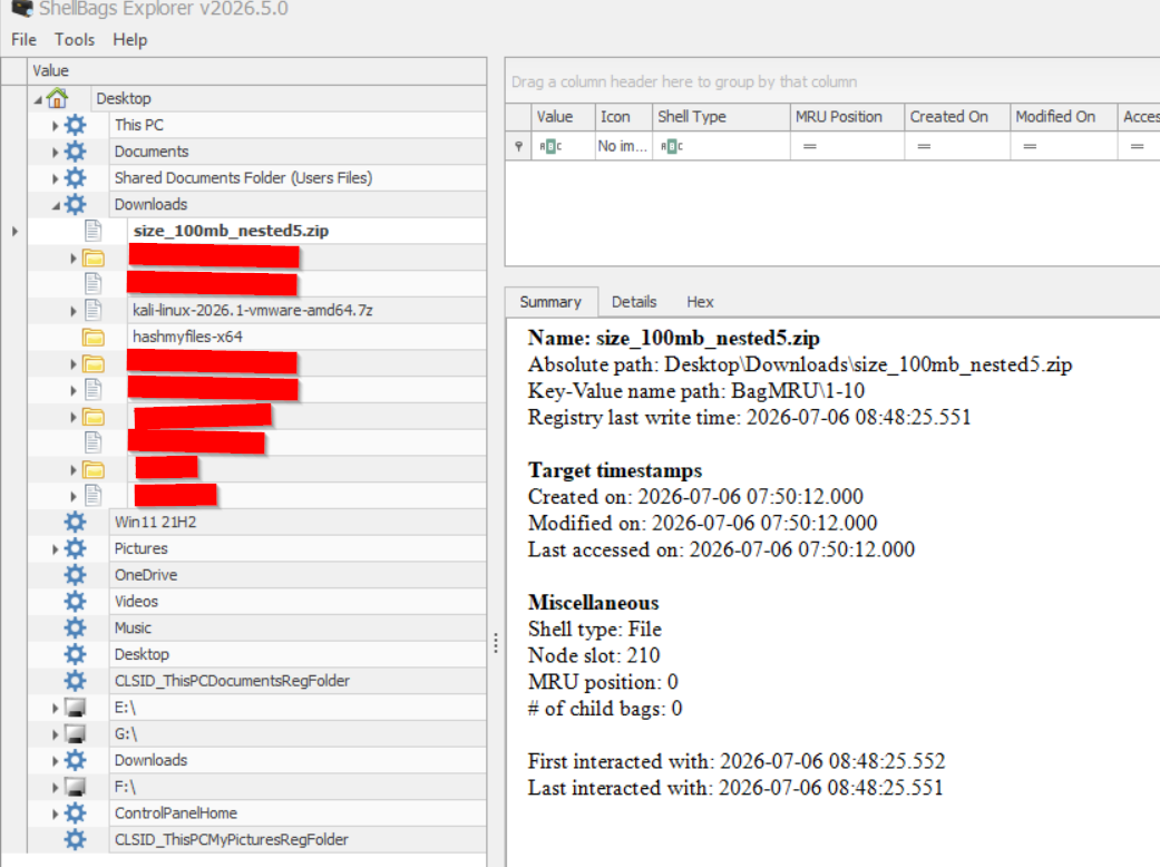 ShellBags Explorer showing a zip archive traversed in Windows Explorer