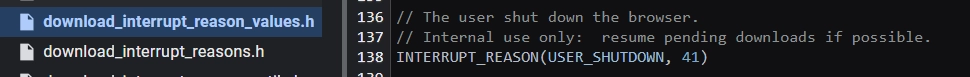 Source code comment for interrupt reason 41 describing user browser shutdown