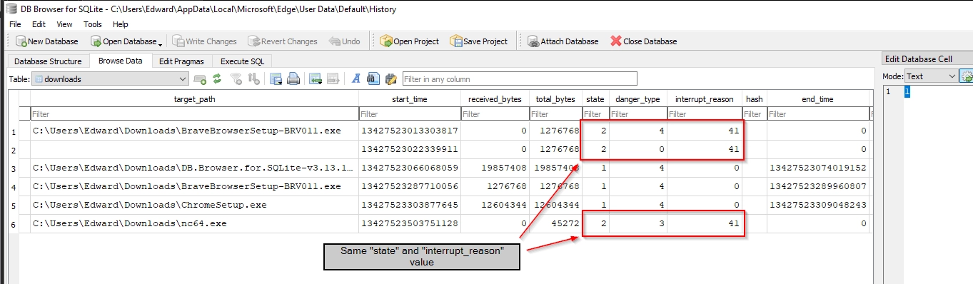 Edge downloads table in DB Browser for SQLite showing interrupt_reason 41