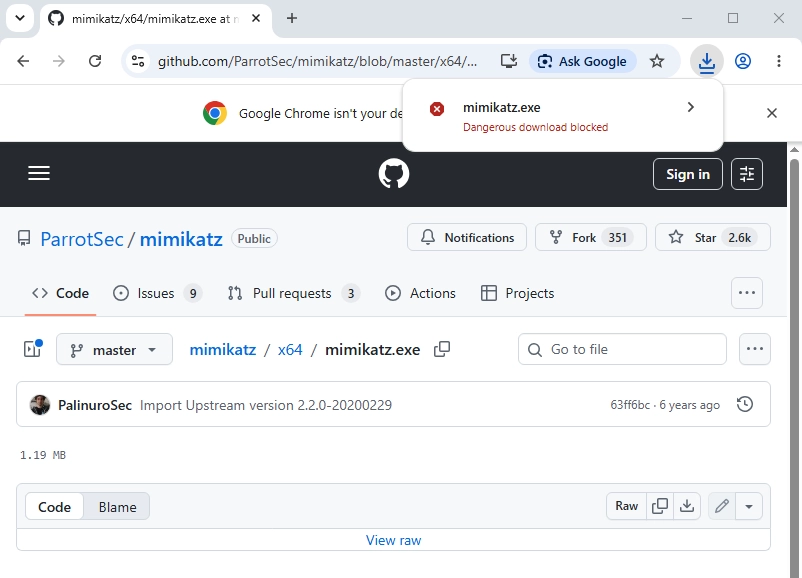 Google Safe Browsing blocking a Mimikatz download in Chrome