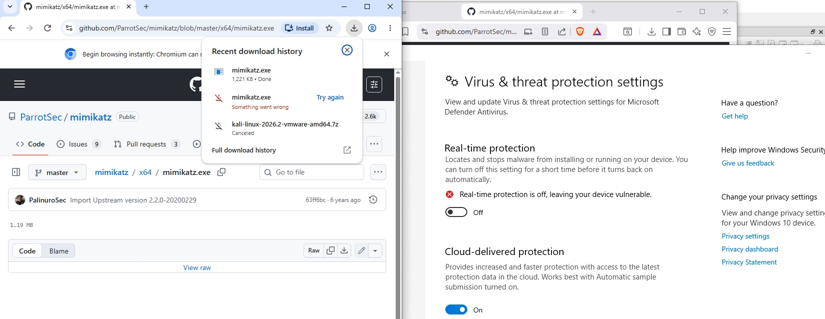 Windows Defender catching a Mimikatz download in vanilla Chromium