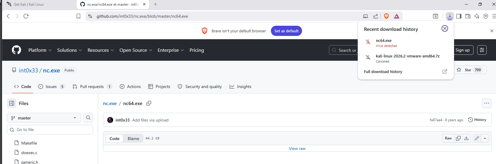 Windows Defender stopping a netcat download in Brave