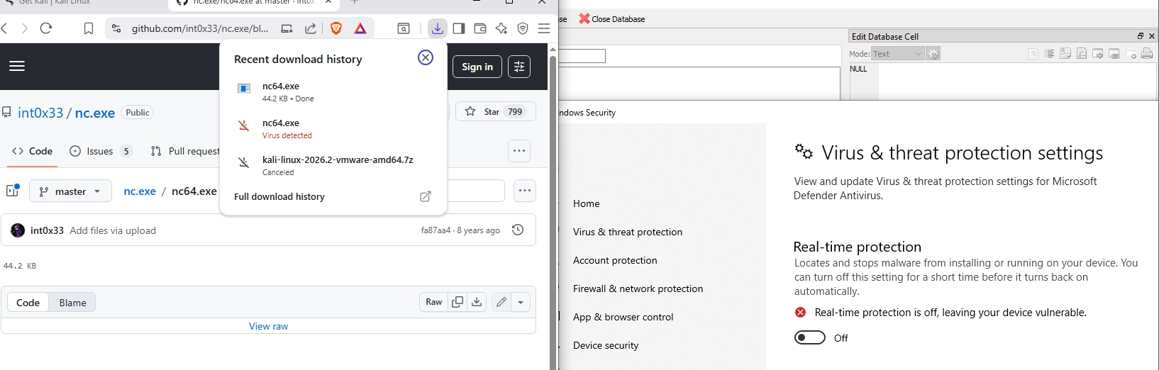 Brave downloading netcat and Mimikatz with Defender disabled
