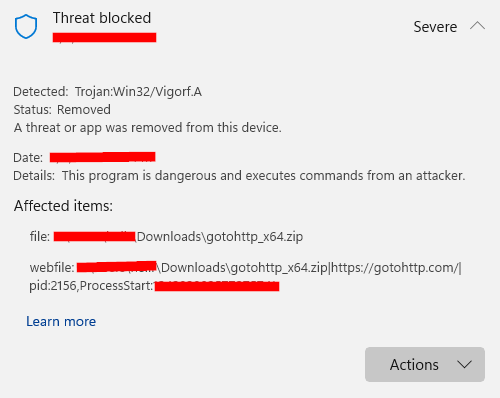 Defender blocked GotoHTTP download - 2