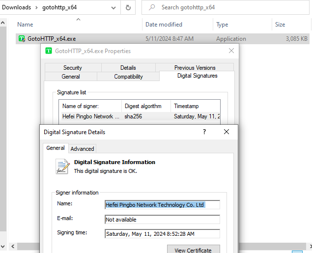 GotoHTTP Windows binary digital signature