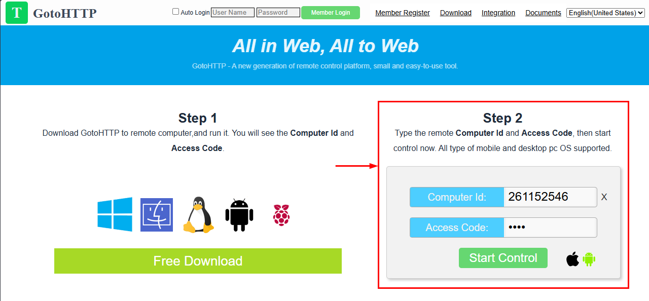 Type Computer ID and Access Code in GotoHTTP website to start control