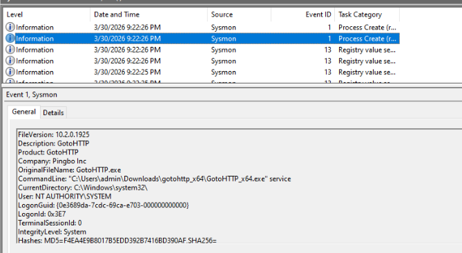 Sysmon Event ID 1 reveals command line argument of GotoHTTP binary